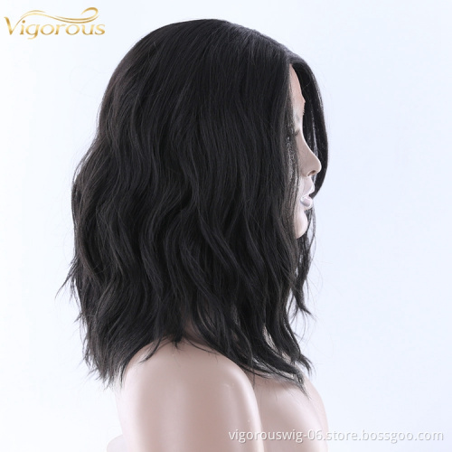 Vigorous quality free part deep wave curly short black realistic pre plucked lace front heat resistant synthetic blend wig